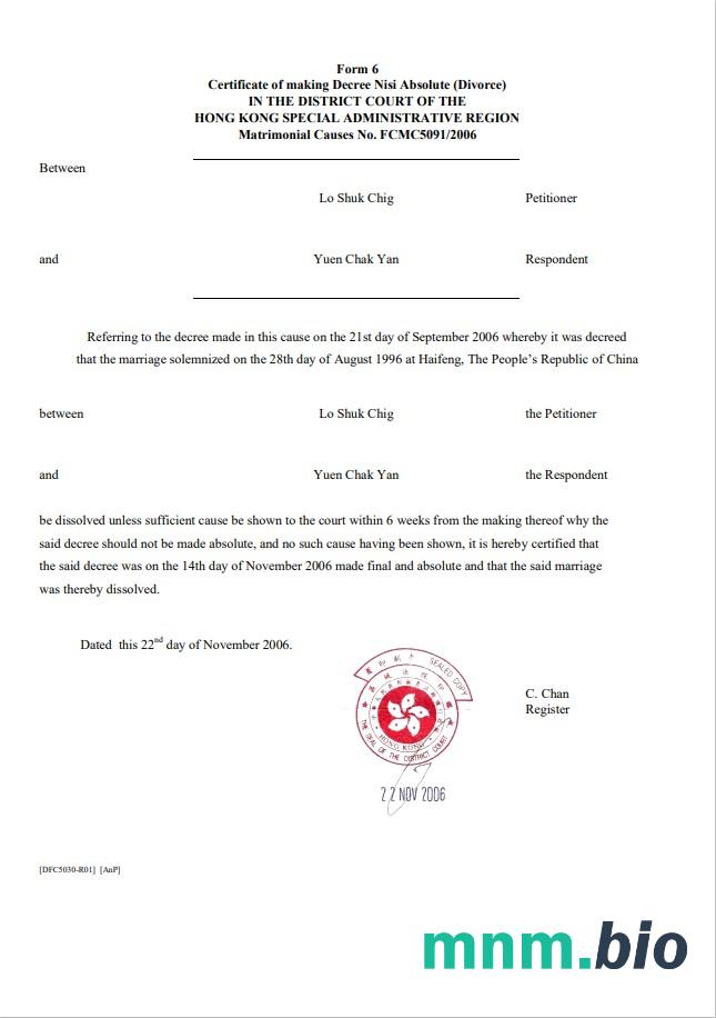 Hong Kong divorce certyfikat szablon in Word i PDF formacie FREE